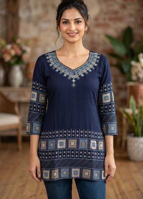 Navy blue rayon cotton geometric printed short kurti 4