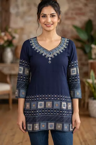 Navy blue rayon cotton geometric printed short kurti