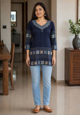 Navy blue rayon cotton geometric printed short kurti 5