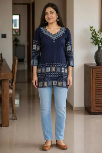 Navy blue rayon cotton geometric printed short kurti