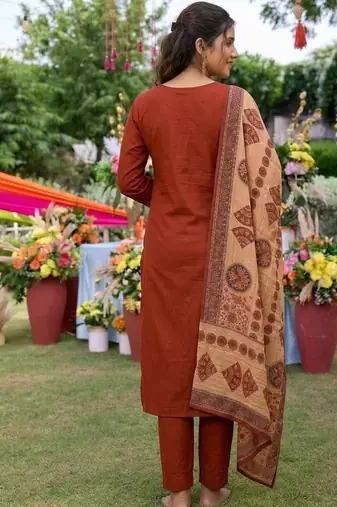 Rust silk cotton embroided readymade suits