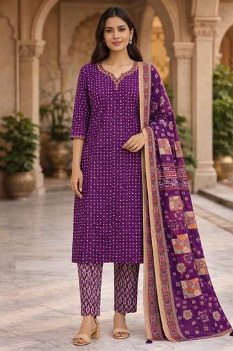 Purple cotton bandhani readymade suits