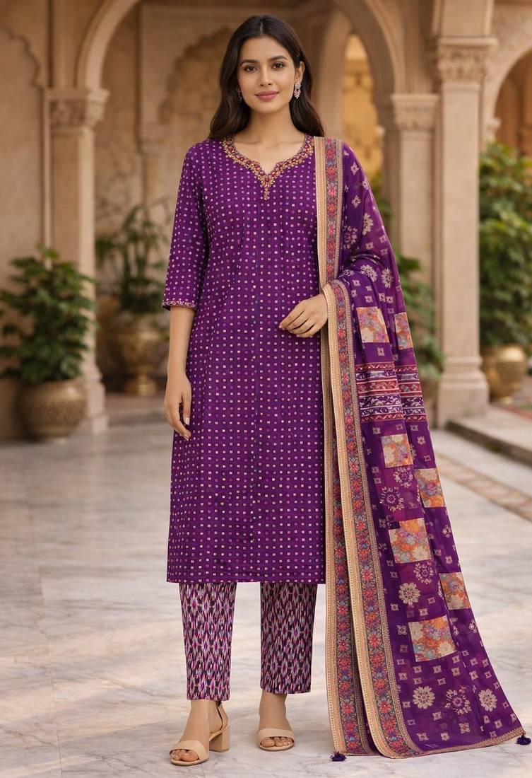 Purple cotton bandhani readymade suits