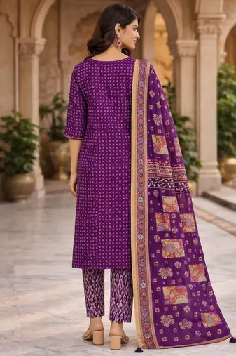 Purple cotton bandhani readymade suits