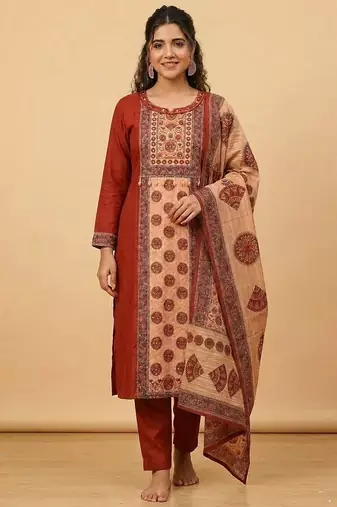 Rust silk cotton embroided readymade suits