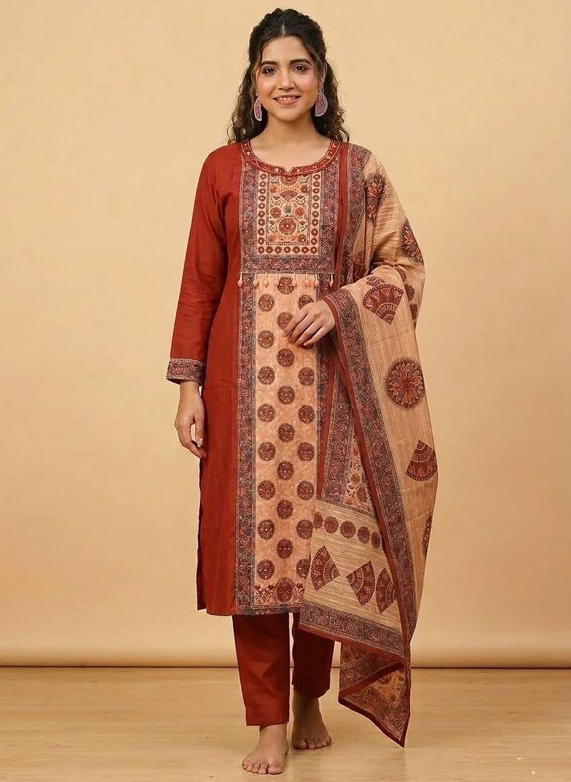 Rust silk cotton embroided readymade suits