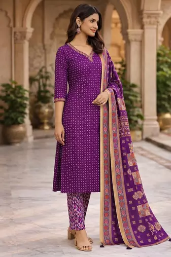 Purple cotton bandhani readymade suits