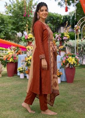 Rust silk cotton embroided readymade suits 4