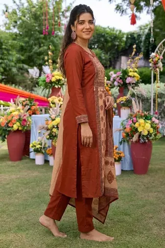 Rust silk cotton embroided readymade suits