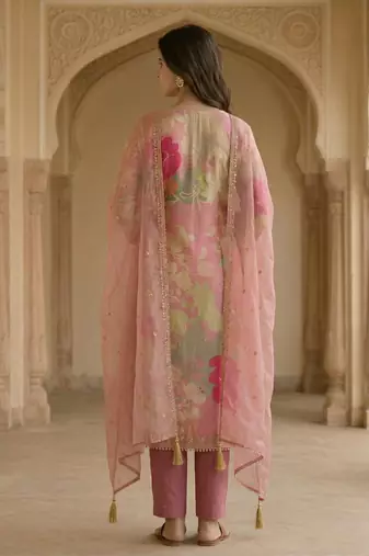 Pink satin zari readymade suits