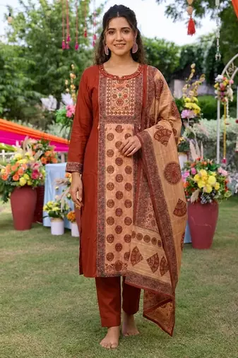 Rust silk cotton embroided readymade suits