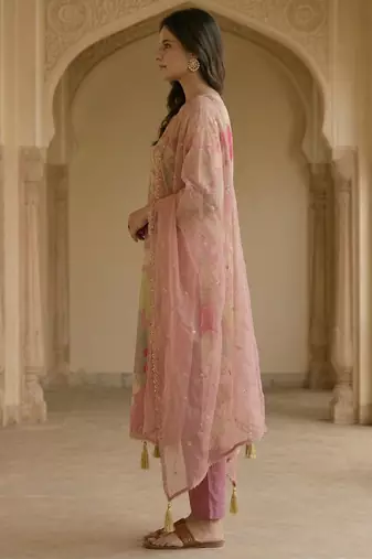 Pink satin zari readymade suits