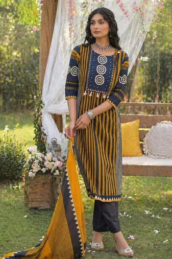 Mustard cotton block print readymade suits
