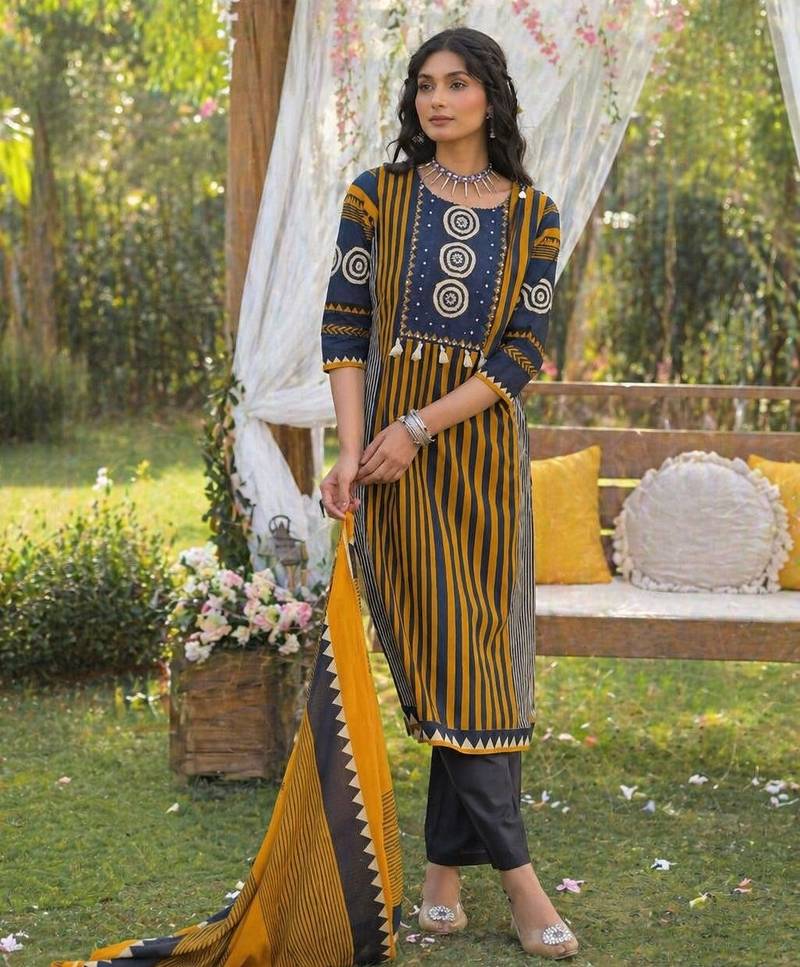 Mustard cotton block print readymade suits