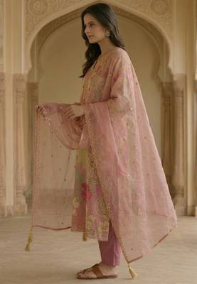 Pink satin zari readymade suits 4