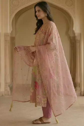 Pink satin zari readymade suits