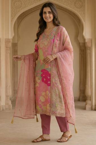 Pink satin zari readymade suits