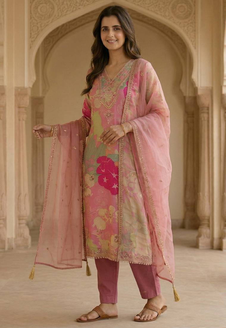 Pink satin zari readymade suits
