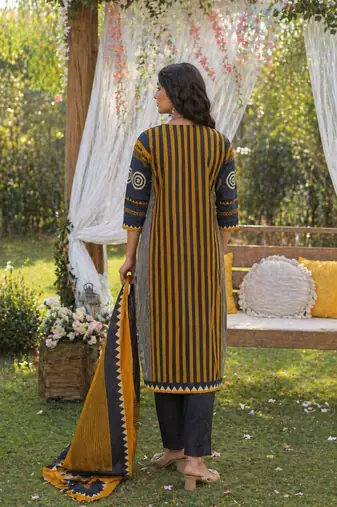 Mustard cotton block print readymade suits