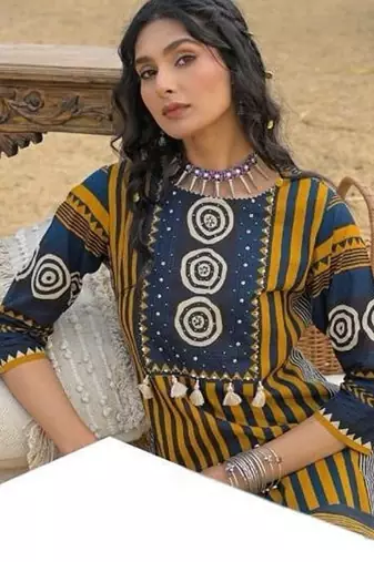 Mustard cotton block print readymade suits
