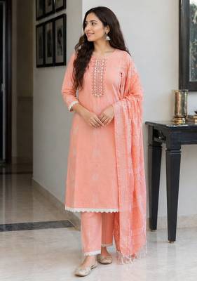 Peach pink cotton block print readymade suits 1