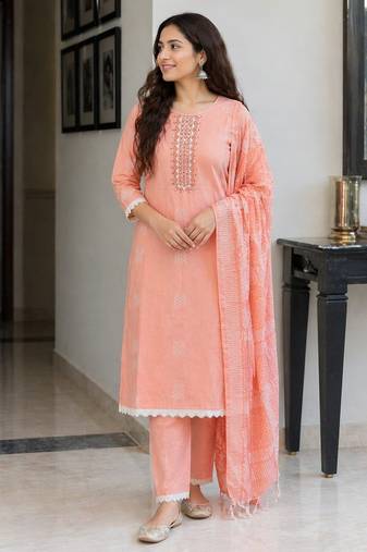 Peach pink cotton block print readymade suits