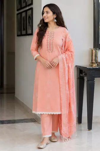 Peach pink cotton block print readymade suits