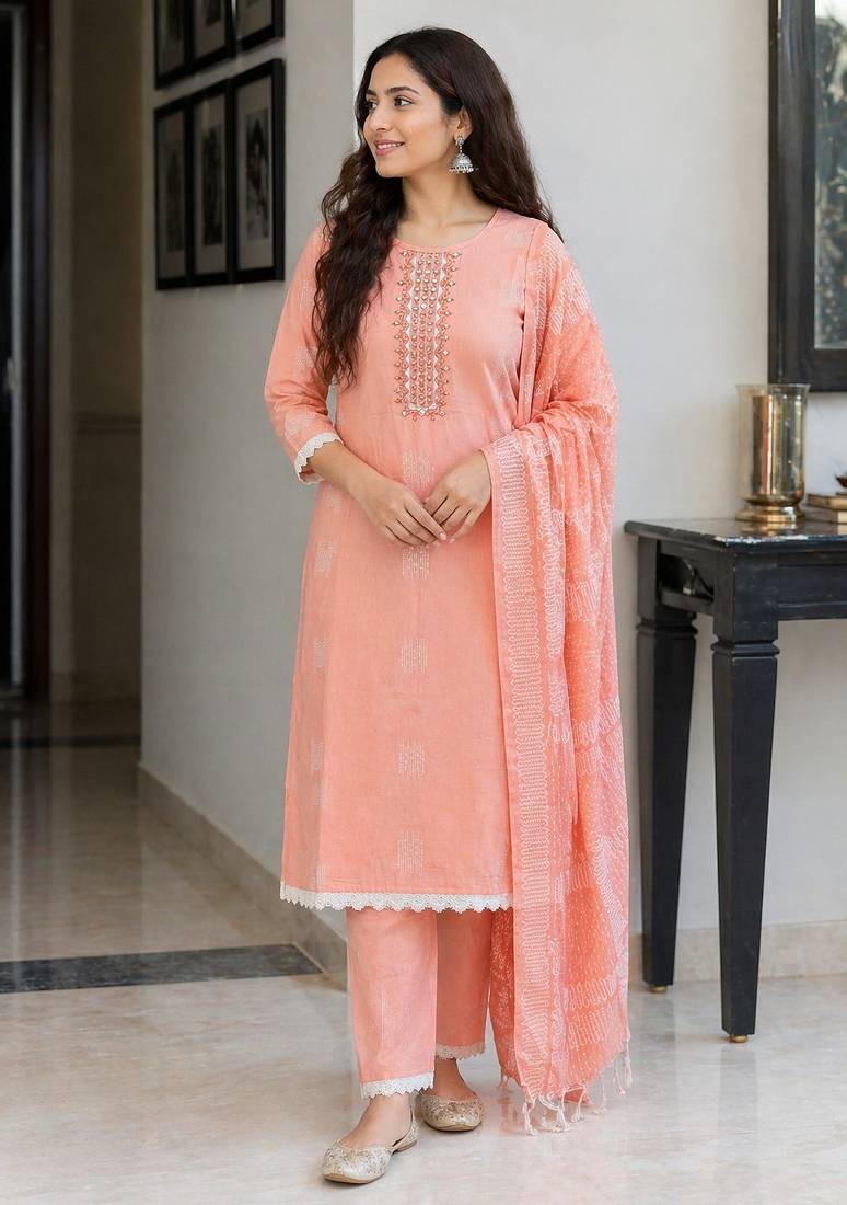 Peach pink cotton block print readymade suits