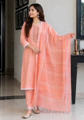 Peach pink cotton block print readymade suits 2
