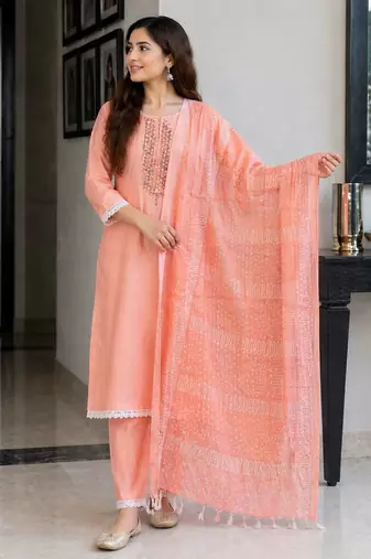 Peach pink cotton block print readymade suits