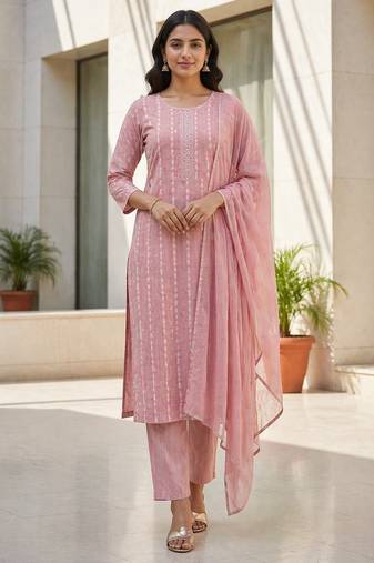 Pink khadi cotton block print readymade suits