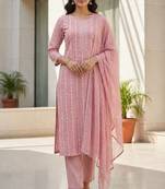 Pink khadi cotton block print readymade suits