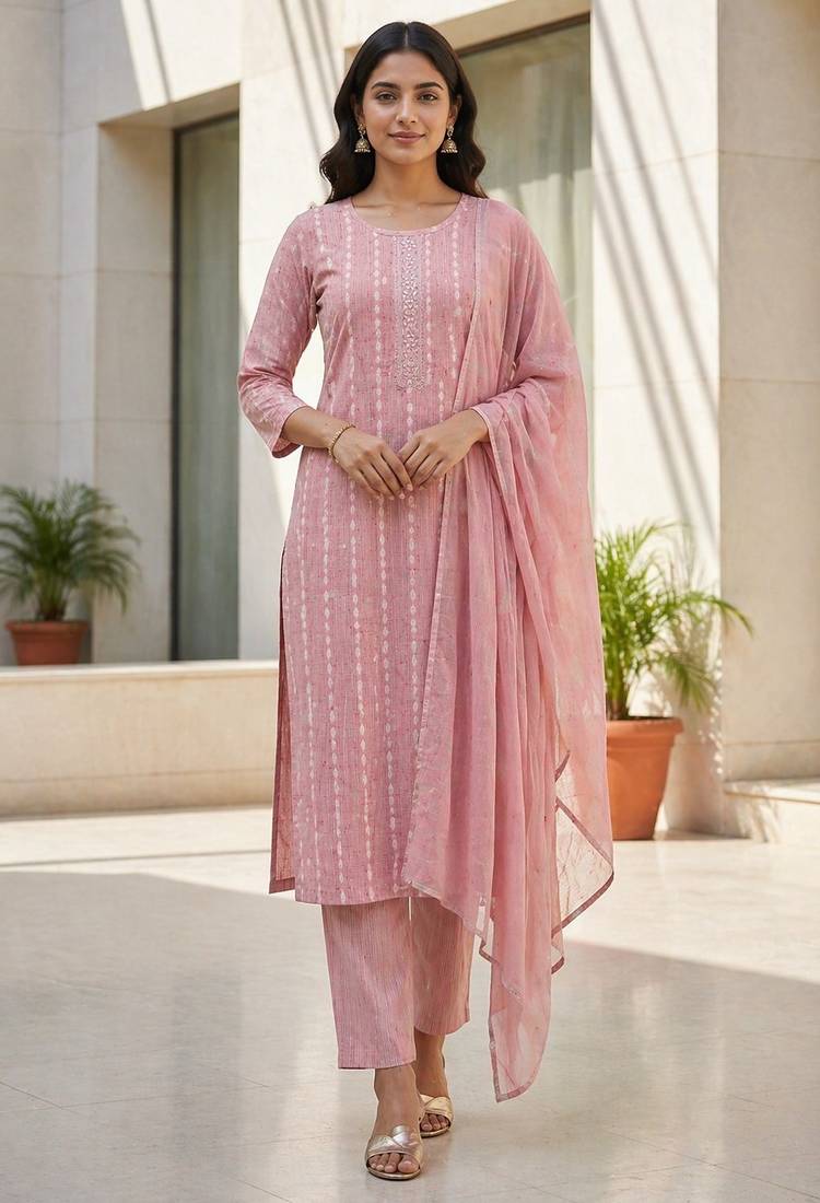 Pink khadi cotton block print readymade suits