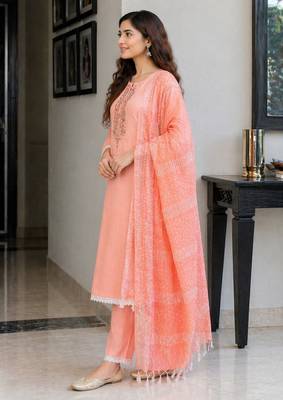 Peach pink cotton block print readymade suits 3