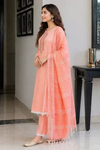 Peach pink cotton block print readymade suits