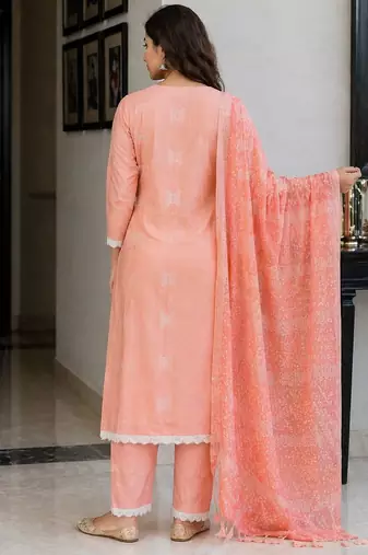Peach pink cotton block print readymade suits