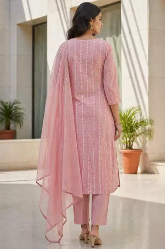 Pink khadi cotton block print readymade suits