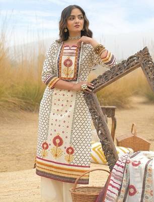 Off white cotton block print readymade suits 1