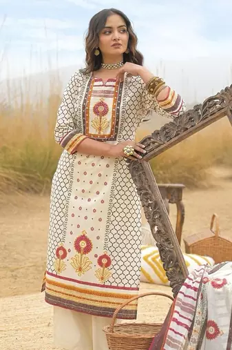 Off white cotton block print readymade suits