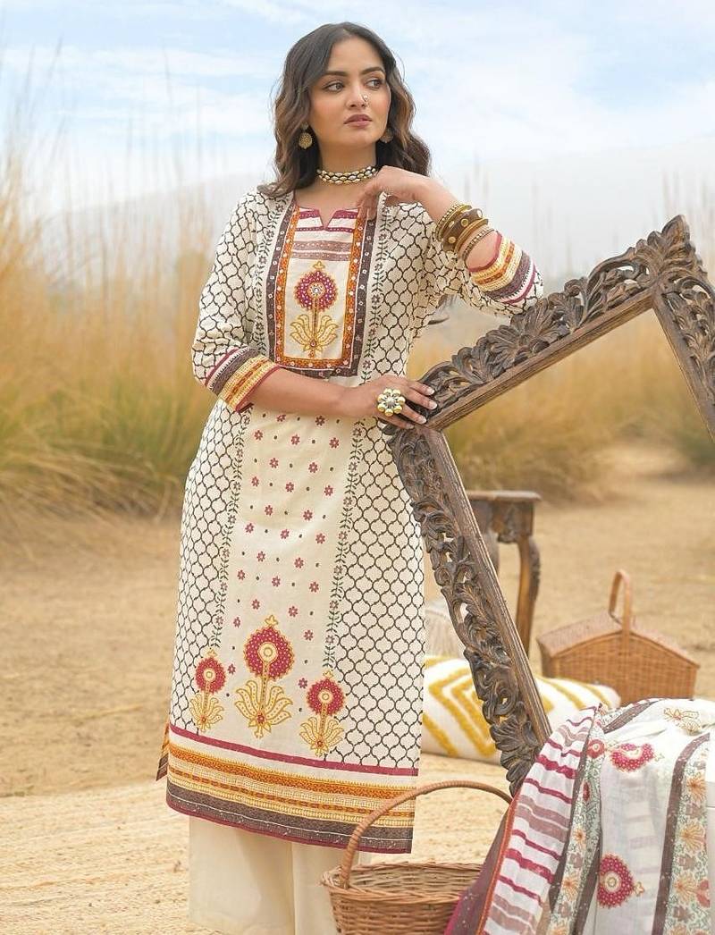 Off white cotton block print readymade suits