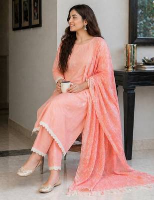 Peach pink cotton block print readymade suits 5