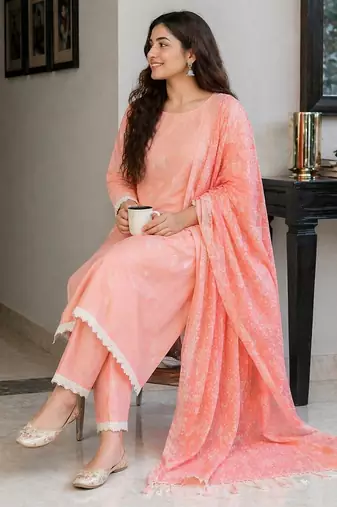 Peach pink cotton block print readymade suits