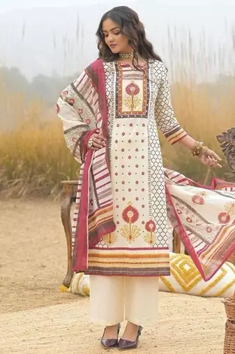 Off white cotton block print readymade suits