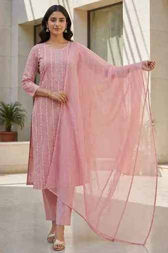 Pink khadi cotton block print readymade suits