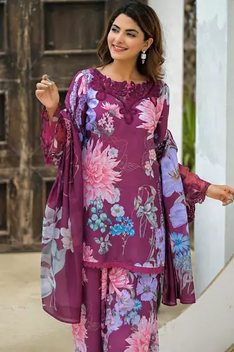 Purple rayon cotton printed readymade suits