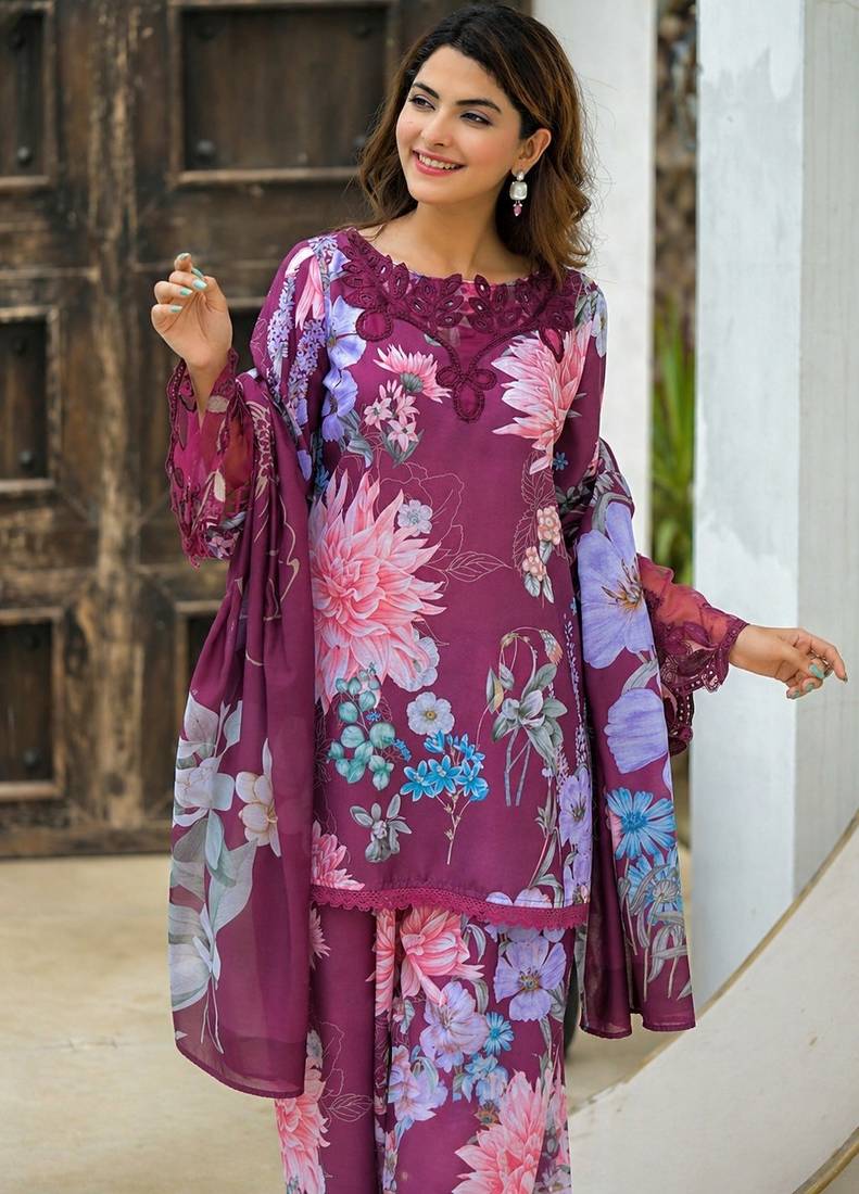 Purple rayon cotton printed readymade suits