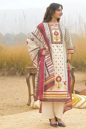 Off white cotton block print readymade suits