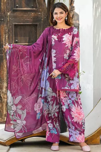Purple rayon cotton printed readymade suits