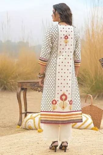 Off white cotton block print readymade suits