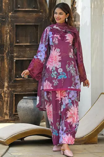 Purple rayon cotton printed readymade suits